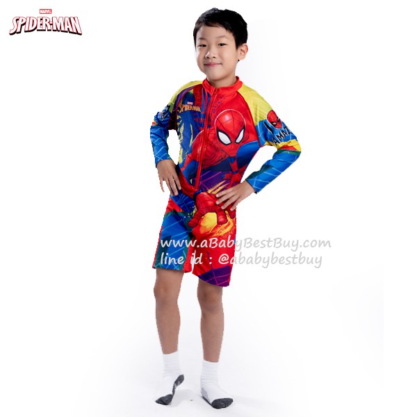 ชุดว่ายน้ำเด็กผู้ชาย-spiderman-บอดี้สูทเสื้อแขนยาวกางเกงขาสั้น-มาพร้อมหมวกว่ายน้ำและถุงผ้า-สุดเท่ห์-ใส่สบาย