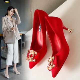 พร้อมส่ง 💜 รองเท้าแต่งงานสีแดงสบายยางด้านล่างไม่เหนื่อยเท้าเวอร์ชั่นเกาหลีอารมณ์รองเท้าส้นสูง