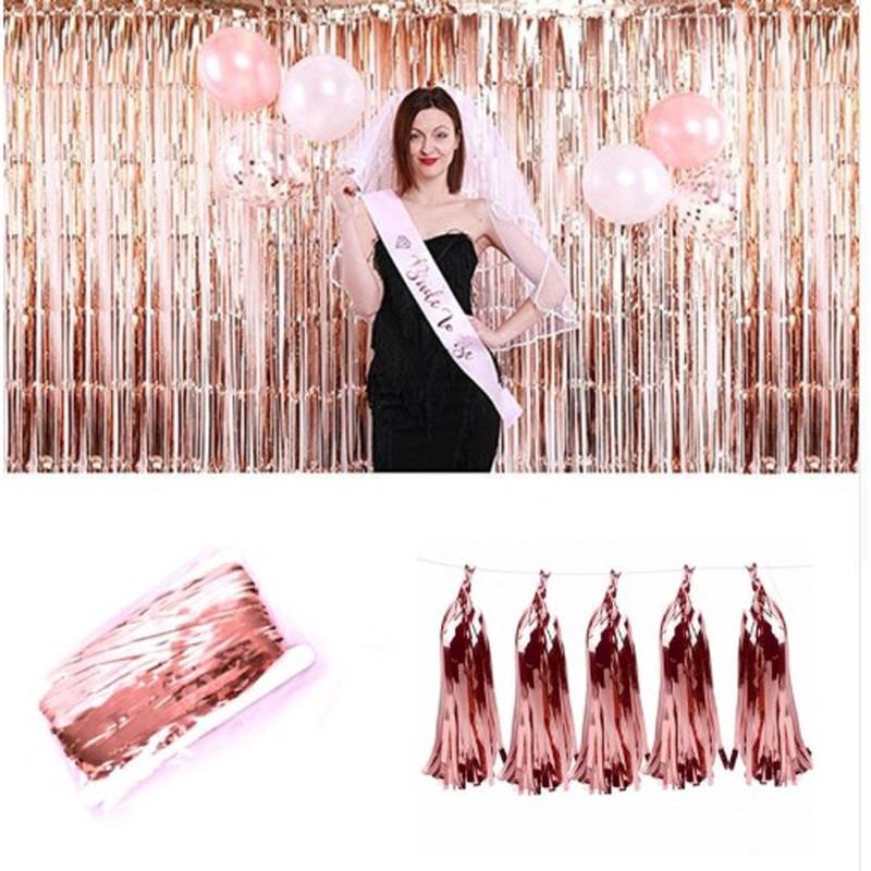 2*1m Rose gold  Foil Tinsel Fringe Curtain Door Rain Wedding Birthday Party Deco