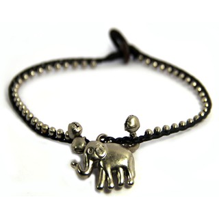 สร้อยข้อมือ จี้ช้าง สีเงิน งานสวย แฮนด์เมด ถักเชือกเทียน ร้อยกระดิ่ง Handmade Elephant Bracelet SB5155
