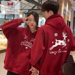 เสื้อกันหนาวมีฮู้ด พิมพ์เสื้อสเวตเตอร์คลุมด้วยผ้าคริสต์มาสกวางเอลค์สีแดงก่อนและหลังฤดูหนาว