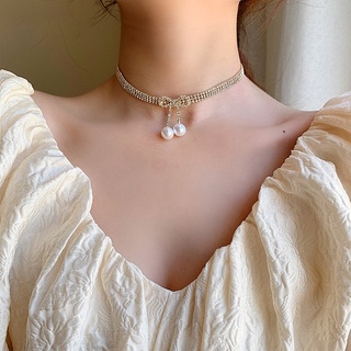 Palace style design pearl diamond bow necklace temperament necklace pendant simple pendant for girls for women low price