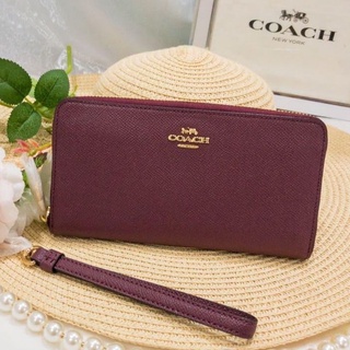 🎀 (สด-ผ่อน) กระเป๋าสตางค์ซิปรอบ มีสายคล้อง สีแดงเข้ม COACH C4666 LONG ZIP AROUND WALLET