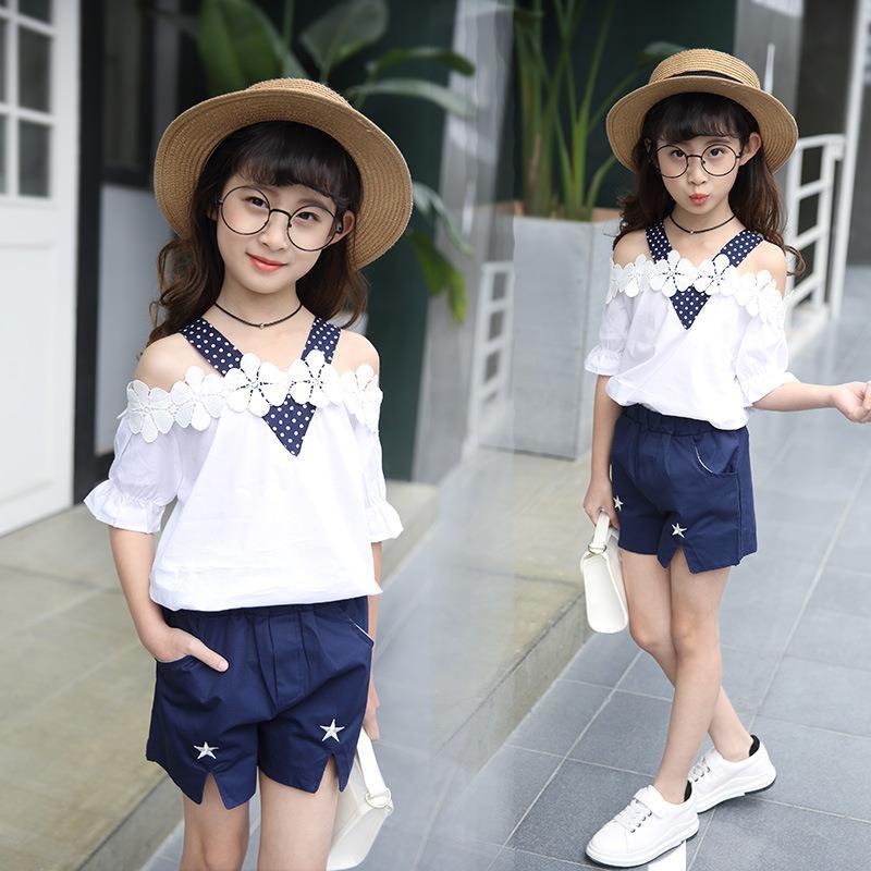suit-ชุดเด็กผู้หญิง-เสื้อผ้าเด็ก-2021-สินค้าใหม่-เด็กโตเวอร์ชั่นเกาหลีของคอวีที่ไม่มีสายหนังลายจุดกางเกงขาสั้นเด็