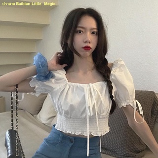 🥤คะนอง🥤เสื้อผู้หญิง ท็อปส์ซูบาง ใหม่ อารมณ์ เอว โบว์สั้นพัฟ เสื้อเชิ้ตแขนสั้น