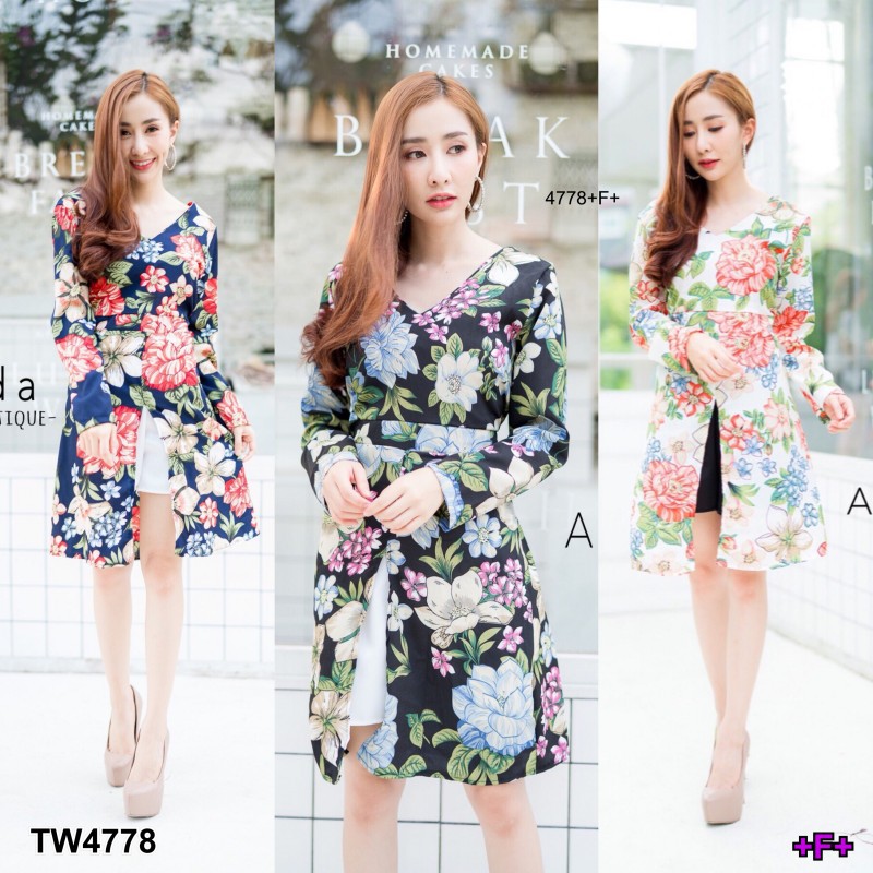 set-2ชิ้น-เสื้อตัวยาวผ่าหน้าลายดอก-กางเกงขาสั้น-tw4778