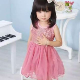 size 90-100 ชุดเดรสเด็ก ปักเลื่อม สะท้อนแสง สีชมพู