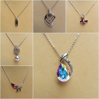 สร้อยคอพร้อมจี้ เงินแท้ 925 ประดับเพชร CZ เคลือบทองคำขาว งานคุณภาพ Silver Chain Rhinestone Pendant Necklace