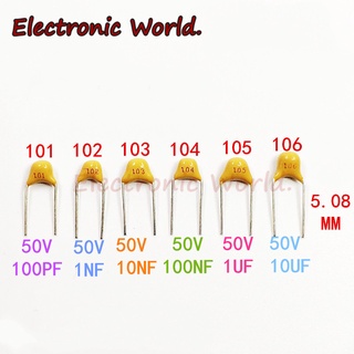 ตัวเก็บประจุเซรามิค หลายชั้น 50V P = 5.08 มม. 100nF 150nF 220nF 330nF 470nF 680nF 1uF 100 ชิ้น