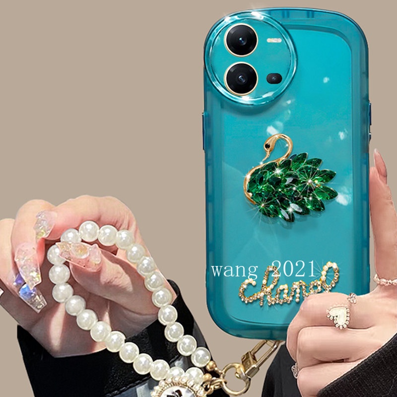 2022-hot-selling-phone-case-vivo-v25-5g-เคส-elegant-luxurious-rhinestone-swan-pearl-lanyard-casing-lens-protection-solid-color-transparent-soft-cover-เคสโทรศัพท์