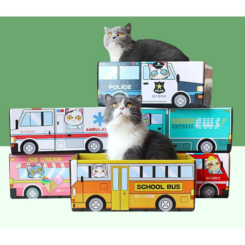 ภาพหน้าปกสินค้ากล่องฝนเล็บแมว ที่ฝนเล็บแมว ของเล่นแมว กล่องฝนเล็บแมวรถโรงเรียน