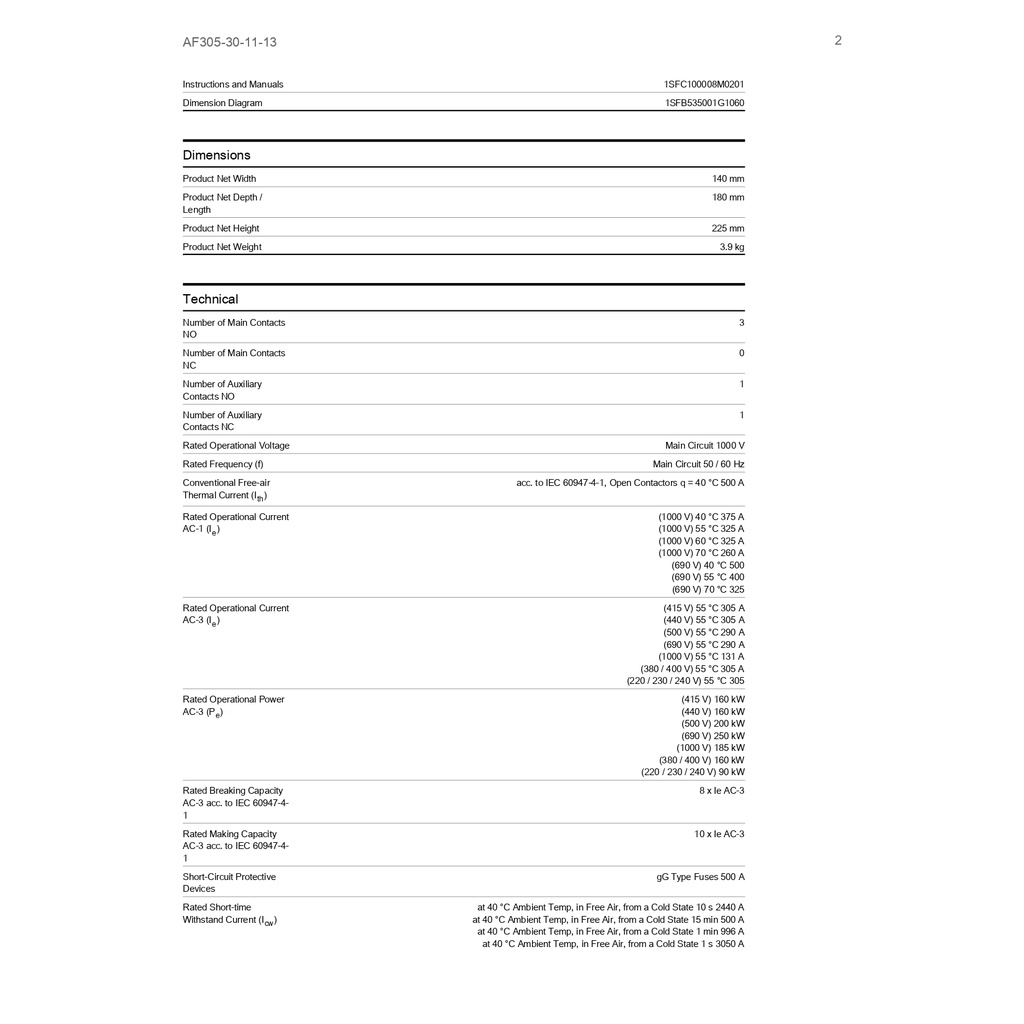 abb-af-range-af305-3-pole-contactor-400-a-230-v-ac-coil-3no-160-kw-รหัส-af305-30-11-13-1sfl587002r1311-เอบีบี