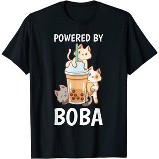 ROUND คอลูกเรือFy Powered By Boba Bubble Milk Tea Tapioca Pearls Cat Lover เสื้อยืด โอเวอร์ไซซ์ สไตล์วินเทจ สําหรับผู้ชา