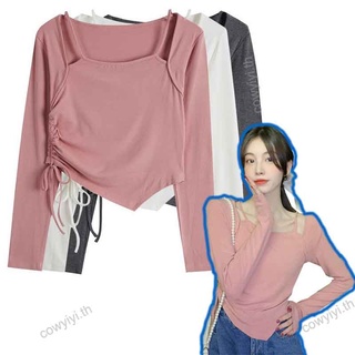 แฟชั่น สายรัด เสื้อยืดแขนยาว สีทึบ ผิดปกติ เซ็กซี่ เสื้อยืด S-XL