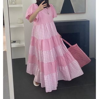 พร้อมส่ง 🥞 🧀 🐻‍ C2957 gingham minimal dress เดรสยาวลายสก็อต เดรสยาวลายสก็อต มี 2 สี ชมพู ดำ