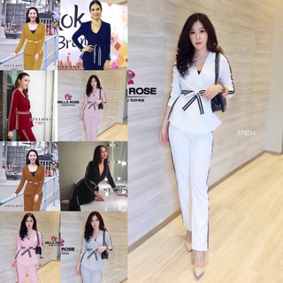 PE6782 Set 2 ชิ้น เสื้อคอวีแบบขวาทับซ้ายทรงสูท แขนยาว+กางเกงขายาวทรงขากระบอก +++สอบถามสินค้าก่อนสั่ง