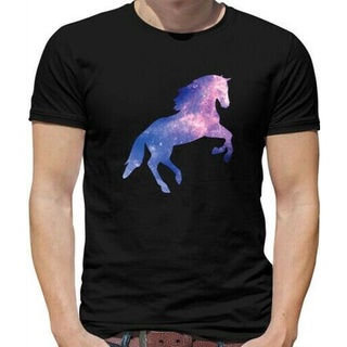 เสื้อยืดแขนสั้น ผ้าฝ้ายแท้ พิมพ์ลาย Galaxy Horse สําหรับผู้ชาย