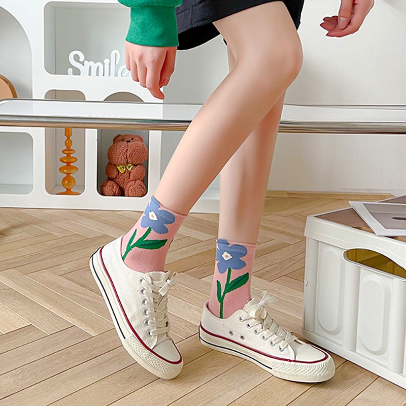 5-pairs-japanese-cartoon-breathable-flower-stockings-candy-color-three-dimensional-tulip-mid-tube-socks