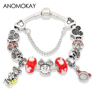 Anomokay Red Minnie Pendant Pan Charm Bracelets &amp; Bangles 925 Silver Plated Heart Mickey Bead Bracelet 2019