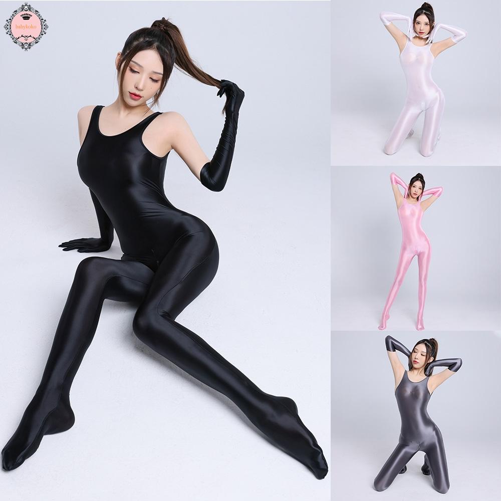 womens-silky-bodystocking-shiny-glossy-zip-crotch-bodysuit-leotard-jumpsuit