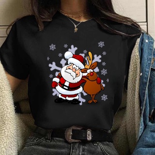 ⚡️ พร้อมส่ง⚡️ Merry Christmas T Shirt Women Short Sleeve Holiday Funny Tshirt Santa Reindeer Printed Black T-shirt