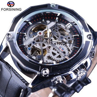 Forsining Gear Transparent Movement Steampunk Wristwatch Genuine Belt Self Wind Automatic Men Skeleton Watches Top Brand