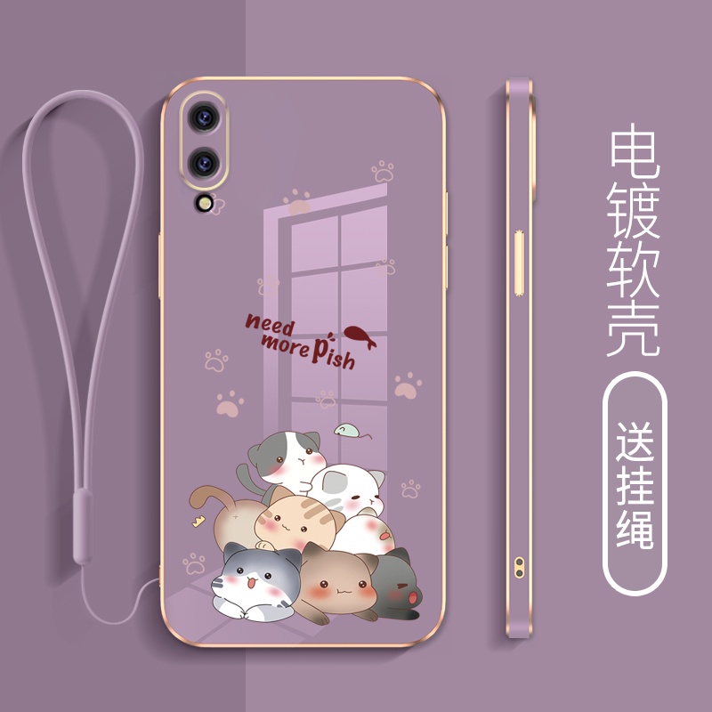 ใหม่-เคสโทรศัพท์มือถือ-ชุบไฟฟ้า-ขอบตรง-กันลื่น-กันเปื้อน-ลายการ์ตูนแมว-พร้อมสายคล้อง-สําหรับ-vivo-v17-v19-v15-v15-pro-v11-v11i-v11-pro-v7-plus