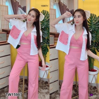 TW15987 set 3 ชิ้น  ผ้าฝ้ายลินิน   + เสื้อกล้าม  + เสื้อครอป มาพร้อม กางเกงขายาว