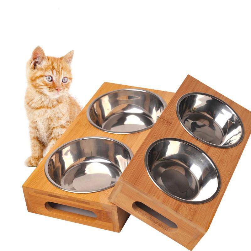 ชามอาหารแมว-ฐานไม้ไผ่-2ช่อง-ชามอาหารสุนัข-bo10-wooden-double-stainless-bowl