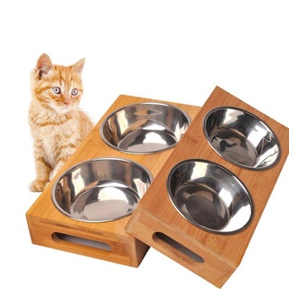 ชามอาหารแมว ฐานไม้ไผ่ 2ช่อง ชามอาหารสุนัข (BO10) Wooden Double Stainless Bowl