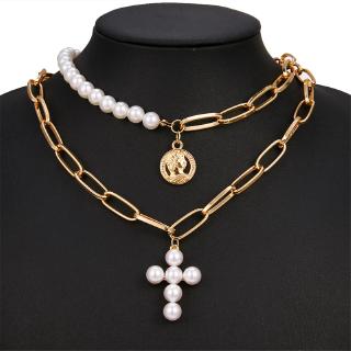 Gold Color Fashion Cross Pendant Necklaces Women Luxury Design Imitation Pearls Necklace Coin Jewelry Female