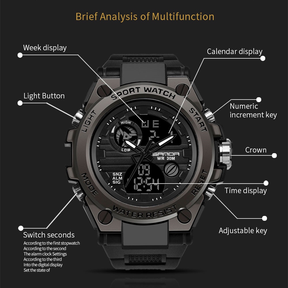 ภาพสินค้าSANDA นาฬิกาข้อมือสุดหรูสำหรับผู้ชายนาฬิกาทหารบุรุษนาฬิกากันน้ำกีฬานาฬิกาข้อมือ Dual แสดงผล Watch จากร้าน cowerr.th บน Shopee ภาพที่ 4
