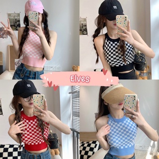 Elves✨พร้อมส่ง✨ เสื้อกล้ามไหมพรม คอกลมลายตารางหมากรุกทรงสวย ~ 3170 ~