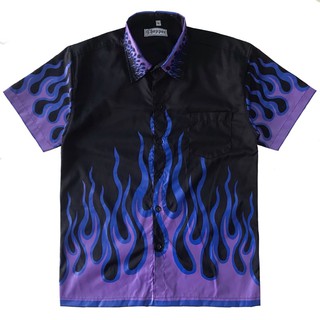 สินค้า 🔥 Flame Shirt 🔥 เสื้อเชิ้ตลายไฟ ผ้าคอตตอตเชิ้ต สกรีนลายไฟดำม่วง