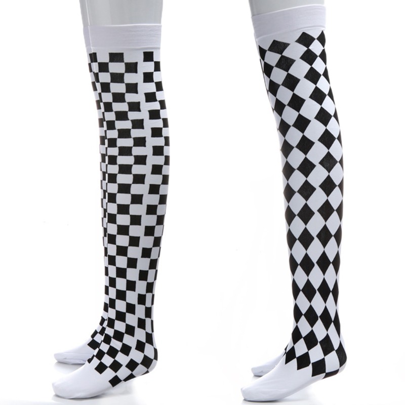 clown-costume-black-white-plaid-knee-high-long-socks-halloween-carnival