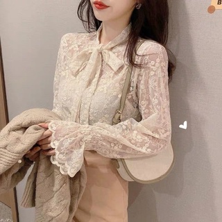 ┅㍿เสื้อลูกไม้ bottoming เสื้อผู้หญิง 2020 ฤดูใบไม้ร่วงและฤดูหนาวใหม่ผูกโบว์สไตล์ตะวันตกและเสื้อนางฟ้าบาง