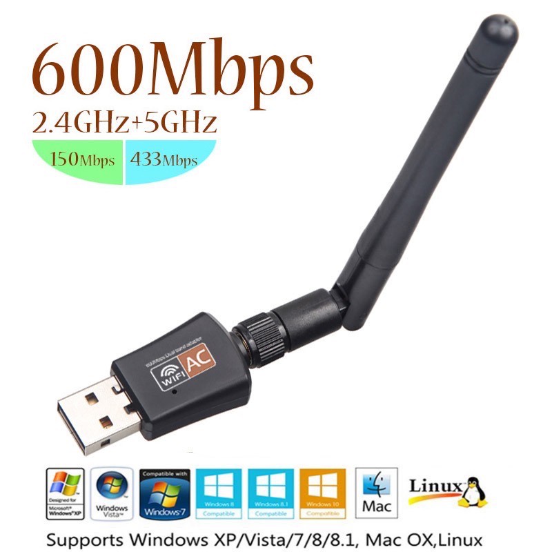 ภาพสินค้าตัวรับสัญญาณ Wifi 2 ย่านความถี่ 5G/2G Dual Band USB 2.0 Adapter WiFi Wireless 600M แบบมีเสา รองรับ5G จากร้าน khunsua บน Shopee ภาพที่ 1