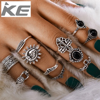 Jewelry Vintage Engraved Sun Feather Cross Black Gemstone Ring Multi-Piece Set Combination for