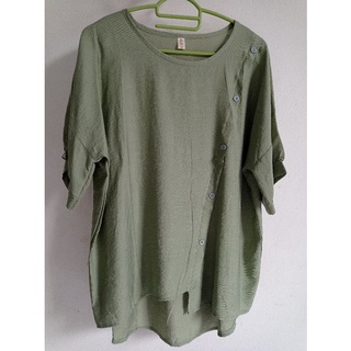 *รหัสส055 เสื้ออก 48นิ้ว สีเขียว ผ้าลินินญี่ปุ่น เสื้อสาวอวบ เสื้อคนอ้วน plus size