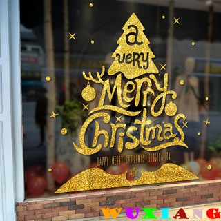 【wuxiang】สติกเกอร์ติดผนัง ลาย Gold Sparkle Merry Christmas สําหรับตกแต่งบ้าน