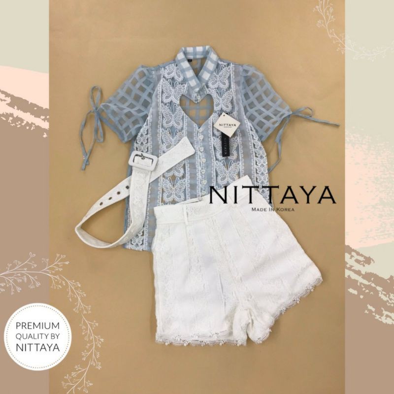 ป้าย-nittaya-set-เสื้อแขนสั้นเว้าอก-รูปหัวใจ-กางเกงขาสั้น-เข็มขัด