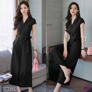 TW8229Jumpsuit จั้มสูทคอปกแขนกุด ขายาว 6 ส่วน เนื้อผ้าซาร่าโทนสีพื้น เรียบๆ แต่หรู ติดกระดุมอก มาพร้อมสายผุกเอว