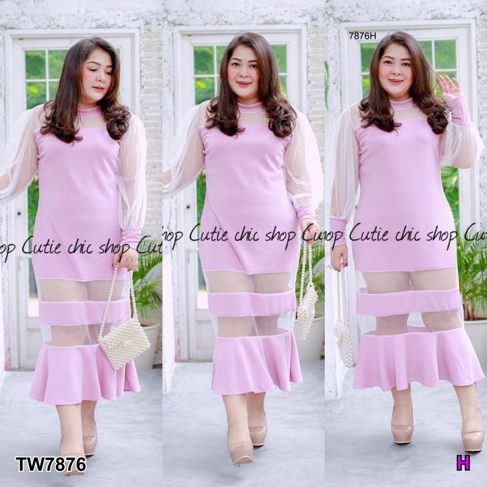 dress-bigsize-เดรสคอกลมแขนยาวแต่งผ้ามุ้งซีทรู-tw7876