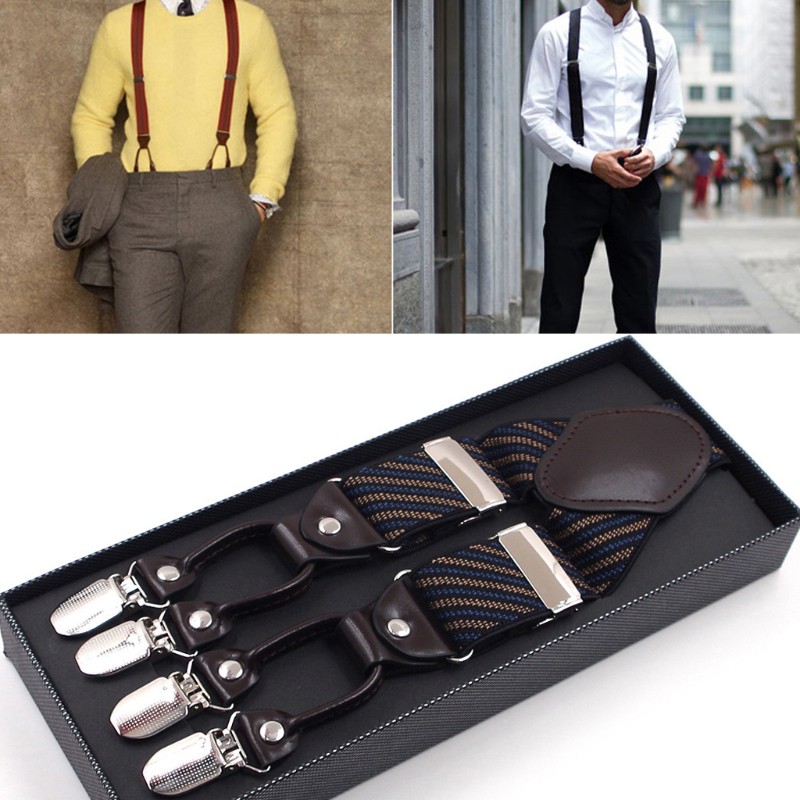 ภาพหน้าปกสินค้าMen Stripe Y-Shape Suspender With Non-Slip 6 Clips Elastic Adjustable Pant Braces