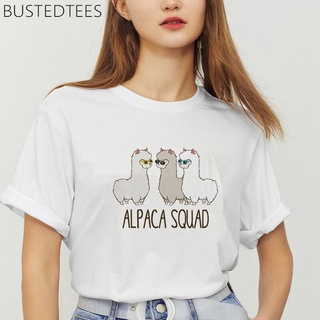 Tee เสื้อแฟชั่นผญ - ทีมหญิง Alpaca ตลกน่ารัก Alpaca พิมพ์ด้านบนฮาราจูกุหญิงแขนสั้นเสื้อยืดลําลอง