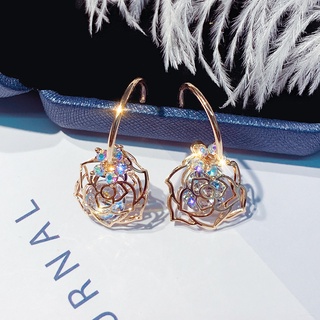 925 silver needle zircon hollow rose earrings female Korean personality earrings simple temperament all-match earrings f