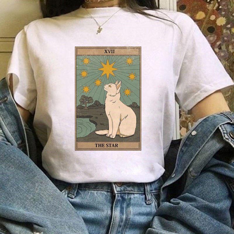 เสื้อวินเทจผญ-แมวไพ่ทาโรต์oversizeวินเทจการ์ตูนteesคาวาอี้กราฟิกนุ่มผ้าฝ้ายน่ารักทอง