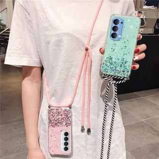 Ready เคส OPPO Reno 5 5G 2021 Casing Reno5 Softcase New Style Lanyard Bling Glitter Sequins Transparent Cover With Shoulder Strap Case เคสโทรศัพท์