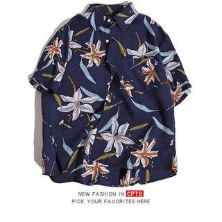 [M-3XL] เสื้อฮาวายแขนสั้นพิมพ์ลายดอกไม้ผู้ชาย / เสื้อชายหาดคู่หลวม.