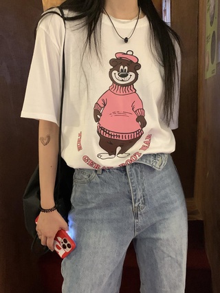 50920 เสื้อยืดคอกลม แขนสั้น พิมพ์ลายหมี ตัวอักษร ทรงหลวม สําหรับผู้หญิง